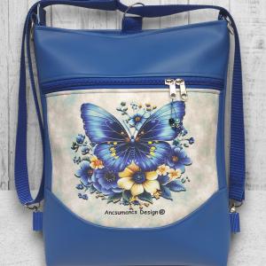 Varázslatos pillangó kék alapon mosolyvonalas 3in1 textilbőr hátizsák oldaltáska