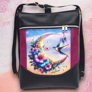 Virágzó hold Mosolyvonalas 3in1 textilbőr hátizsák oldaltáska Fekete alapon