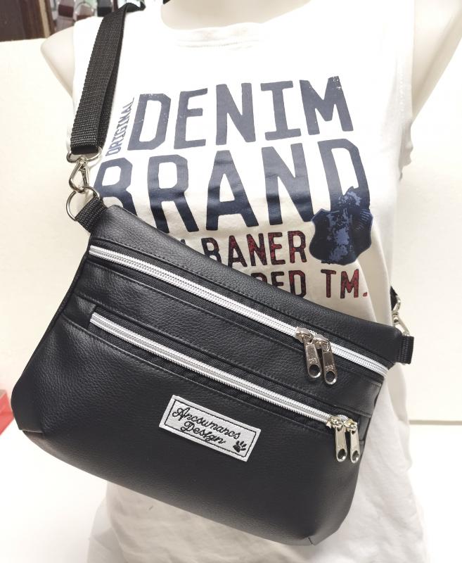 Trendi övtáska oldaltáska - Elegáns fekete ezüst cipzárral 20x25cm