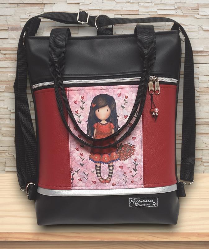 Tulipános Gorjuss 4in1 univerzális hátizsák oldaltáska fekete-bordó