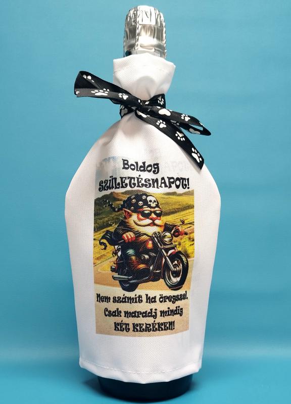 Üveg köpeny boros és pezsgős üvegre Motoros születésnapos