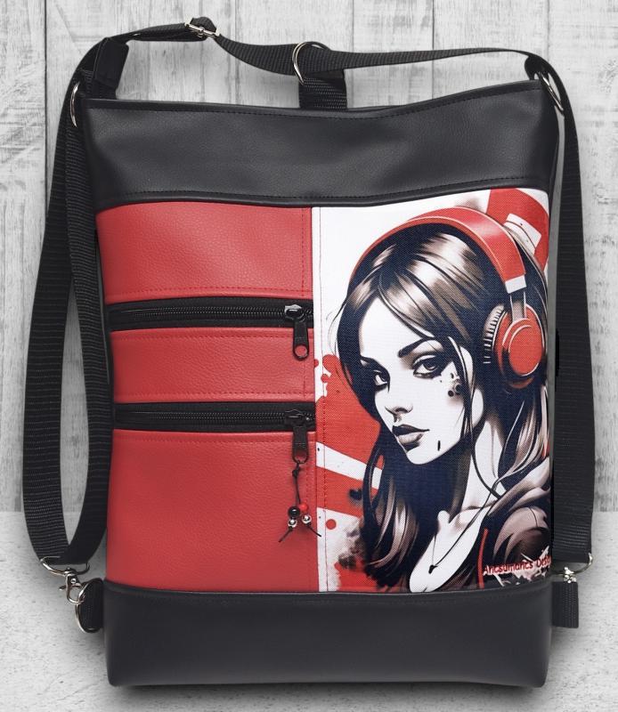 Vagány csajos 3in1 textilbőr hátizsák oldaltáska felemás fekete-piros Lány fülhallgatóval