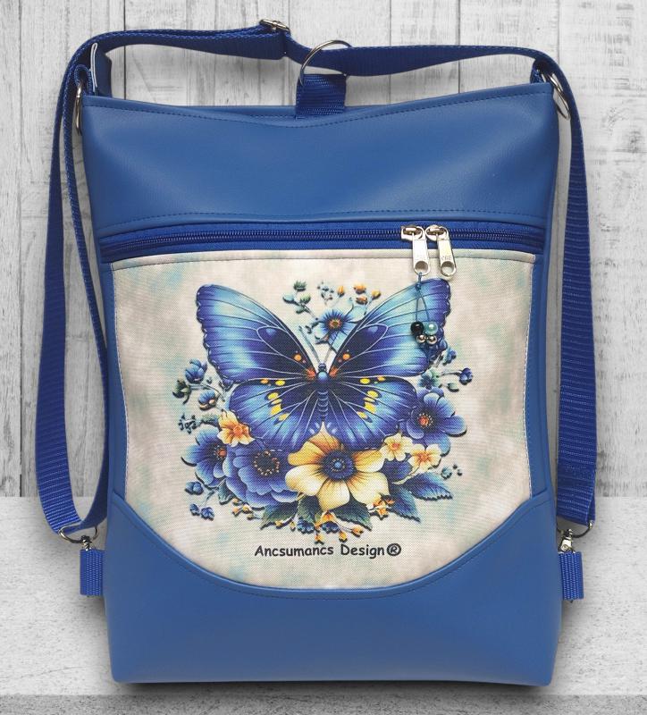 Varázslatos pillangó kék alapon mosolyvonalas 3in1 textilbőr hátizsák oldaltáska