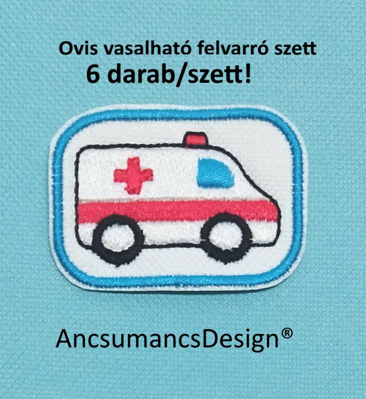 Vasalható varrható hímzett felvarró ovisjel óvodai jel Mentő Mentőautó 5cm 6db/szett
