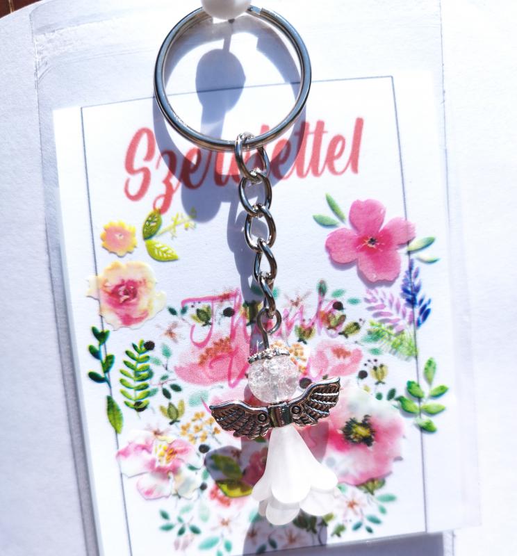 Védelmező angyal kulcstartó kabala fehér kristály ásvánnyal ajándékcsomagolásban