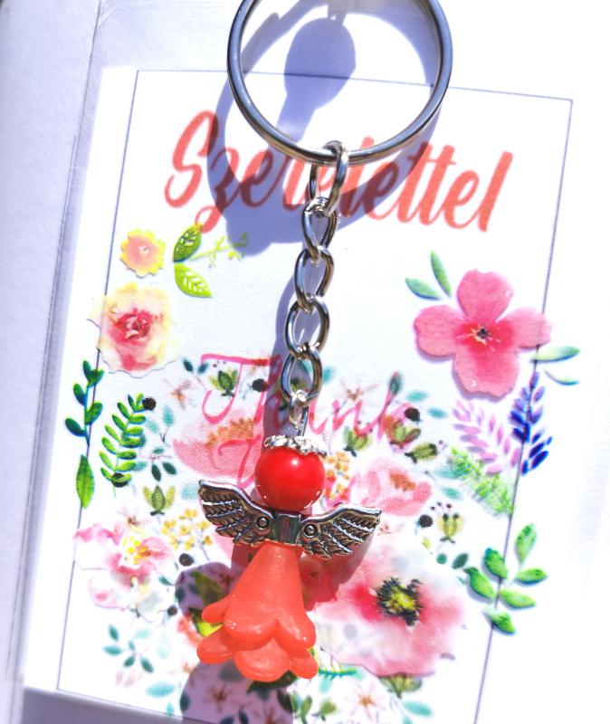 Védelmező angyal kulcstartó kabala piros jáde ásvánnyal ajándékcsomagolásban