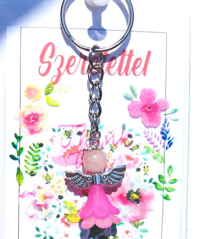 Védelmező angyal kulcstartó kabala Rózsakvarc ásvánnyal ajándékcsomagolásban