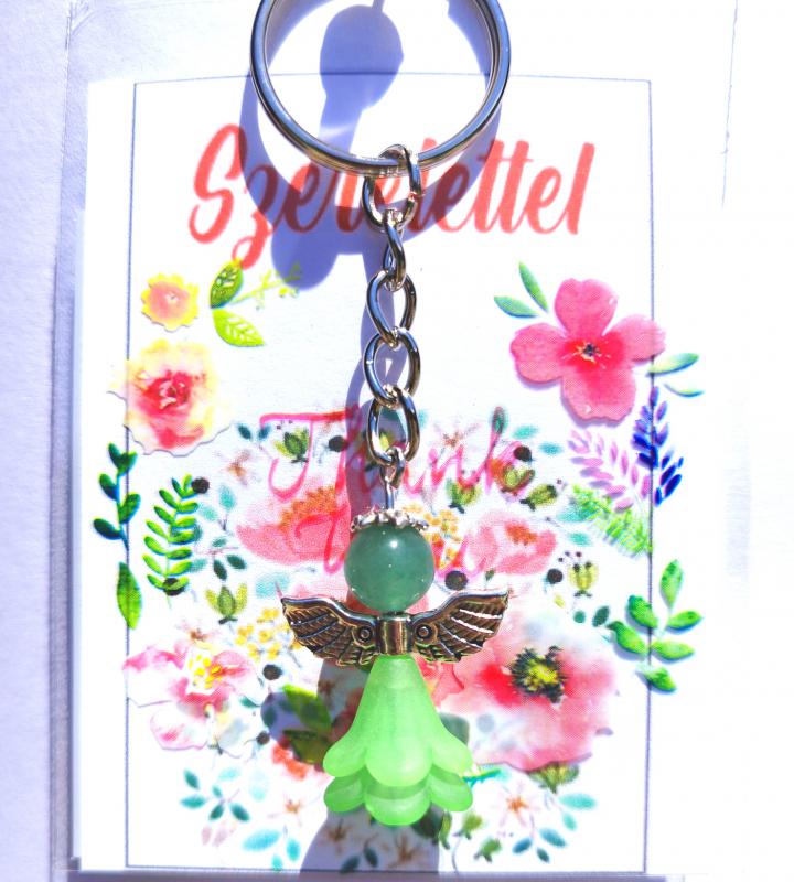 Védelmező angyal kulcstartó kabala zöld Aventurin ásvánnyal ajándékcsomagolásban