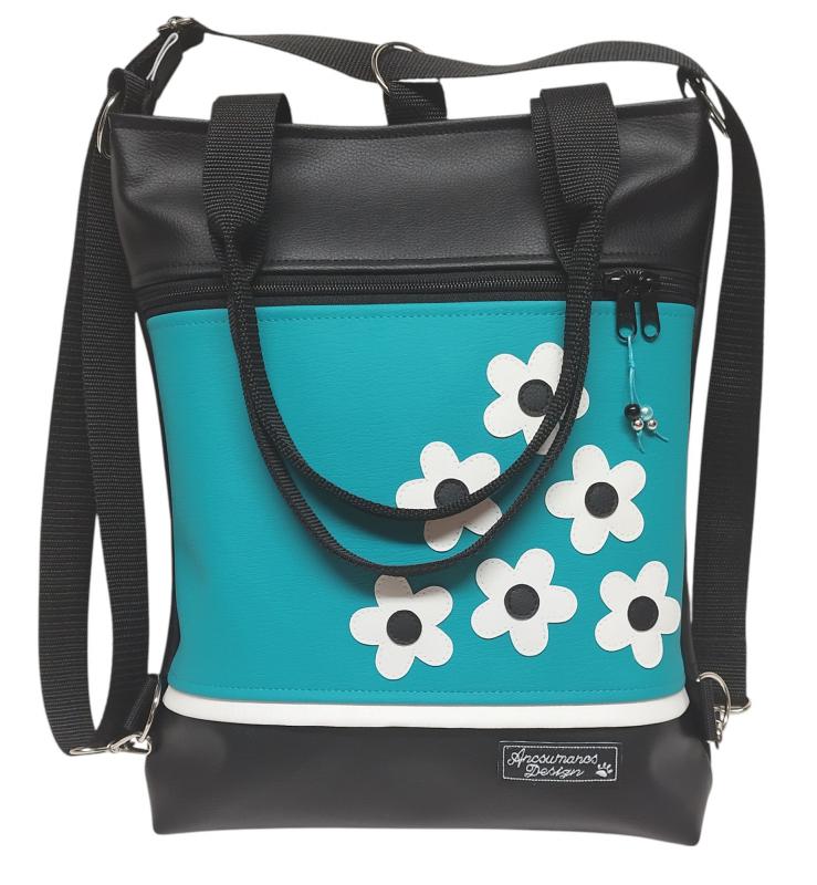 Virágeső fekete türkiz alapon 4in1 textilbőr hátizsák univerzális táska