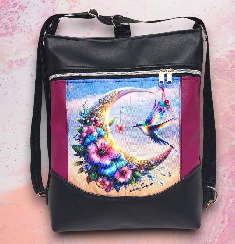 Virágzó hold Mosolyvonalas 3in1 textilbőr hátizsák oldaltáska Fekete alapon