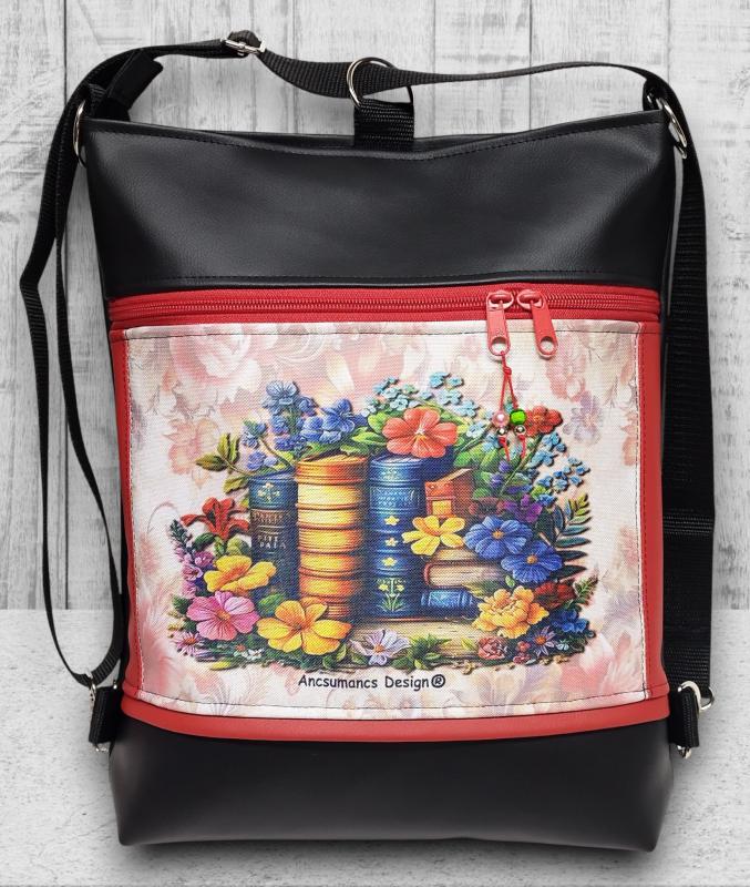 Virágzó könyvek 3in1 textilbőr hátizsák oldaltáska fekete-piros
