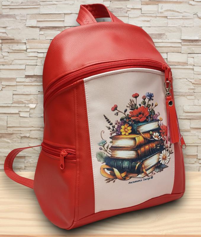 Virágzó könyvek Piros MAXIM BackPack L hátizsák textilbőr pántokkal 36x30x16
